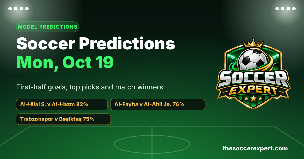Soccer Predictions for Monday, October 19: First-Half Goals, Top Picks & Best Bets